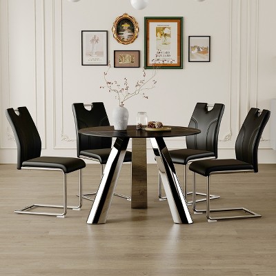 VYNXARIA Table and chair set:A 42inch stainless steel leg round table Paired with 6 Uniquely designed Black Dining Chairs With Silver Metal Leg