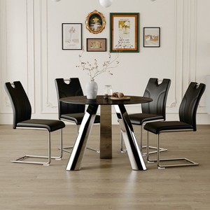 VYNXARIA Table and chair set:A 42inch stainless steel leg round table Paired with 6 Uniquely designed Black Dining Chairs With Silver Metal Leg - 1 of 4