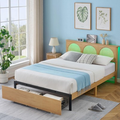 Whizmax Bed Frame with Natural Rattan Headboard and 2 Storage Drawers, Metal Platform with Wooden Slats Support, Boho Cane Bed Mattress Foundation