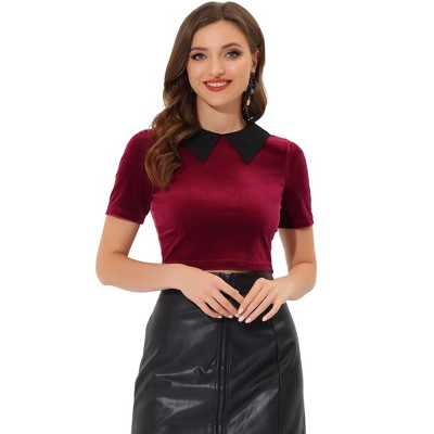 INSPIRE CHIC Women's Contrast Collar Short Sleeve Velvet Crop Top
