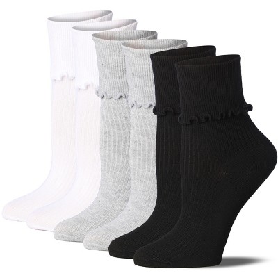 Tipi Toe Womens White/Grey/Black Solid Lettuce Edge Lightweight Crew Length With Cuff Ruffle Socks