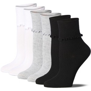 Tipi Toe Womens White/Grey/Black Solid Lettuce Edge Lightweight Crew Length With Cuff Ruffle Socks - 1 of 2