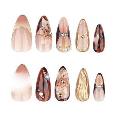 LOVELAY CREATIONS Medium Almond Brown Press-On Nails with 3D Flower Gold Texture