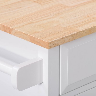 White Pinewood Kitchen Cart with Storage and Wheels