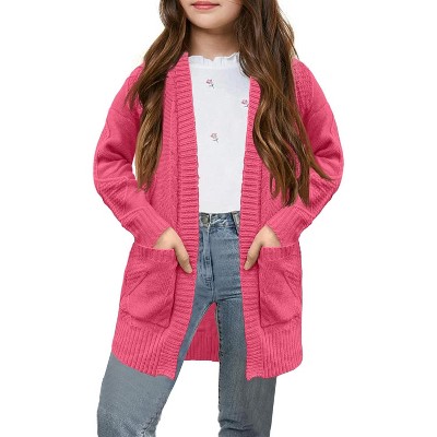 Girls Open Front Cardigan Midi Length Long Sleeve Knit Sweater School Uniform Sweater Outwears with Pockets 5-14 Years