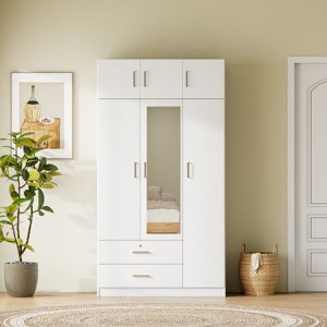 YOOCOZZ 3-Door Modern Mirrored Wardrobe with Drawers, Top and Side Cabinets - White - 1 of 4