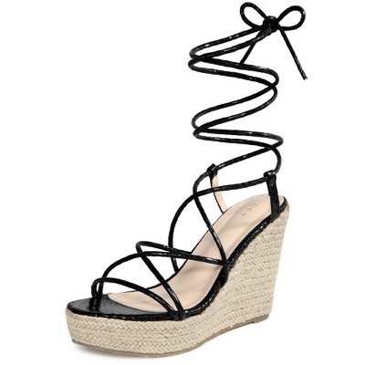 BLISSFUL STEP Women's Snake Print Open Toe Lace Up Wedge Sandals