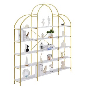 74.8" Office Bookshelf With 5 Tiers, X Bar Steel Frame Tall Standing Bookcase With Round Top, Modern Storage Rack For Bedroom, Living Room - 1 of 4