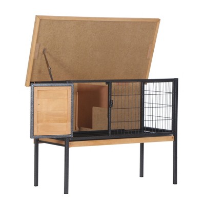 Natural Wood Elevated Rabbit Hutch with Metal Frame and Asphalt Roof
