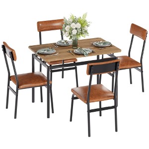 5 Piece Dining Table Set, Wooden Kitchen Table Set with 4 PU Upholstered Chair, Industrial Metal Frame Dinette Set - 1 of 4