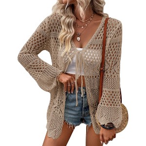 Women's Crochet Cardigan Light Weight Long Sleeve Tie Front Hollow Out Thin Cardigan - 1 of 4