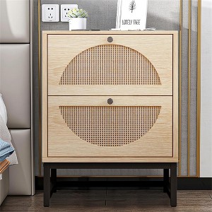 Resenkos Natural Nightstand for Bedroom with Drawer, Wood Rattan Bedside Table Living Room Side Table Brown - 1 of 4