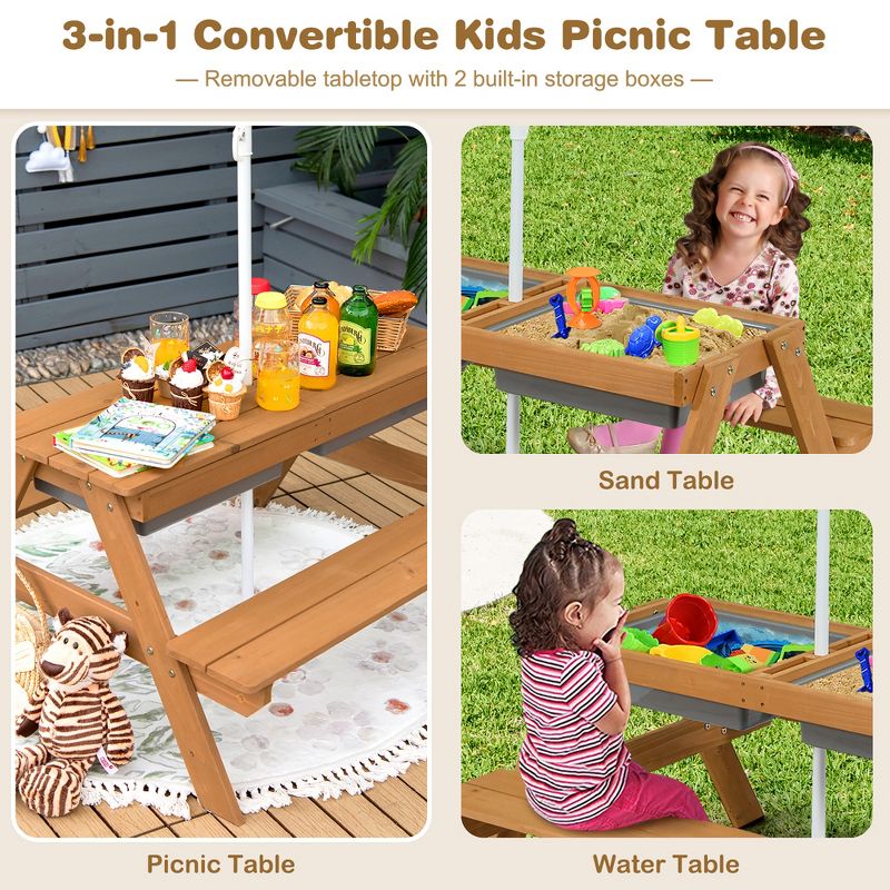 Costway 3-in-1 Kids Picnic Table Wooden Outdoor Sand & Water Table with Umbrella Play Boxes Natural/Blue/Green, 5 of 11