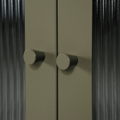 Olive Green Metal Storage Cabinet with Fluted Glass Doors