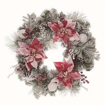 Transpac Floral Wire 24 in. Multicolor Christmas Snow Dusted Poinsettia Ornament Wreath