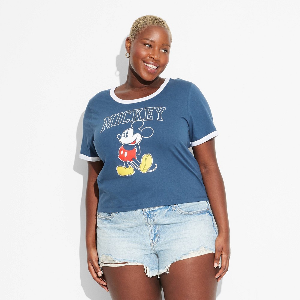 Women's Mickey Short Sleeve Graphic Ringer T-Shirt - Blue 2X