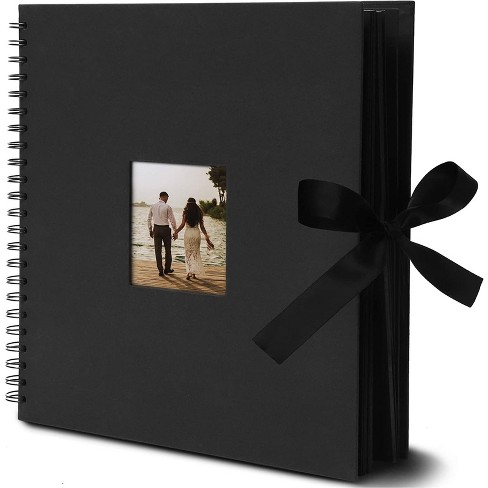 Juvale Black 12x12 Scrapbook Album with Silk Ribbon, Cover Window, Spiral Bound Photo Book for Wedding, Anniversary (80 Pages)