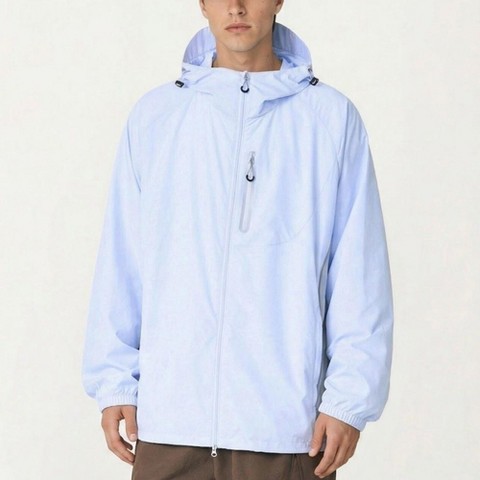 Alilang Men's Lightweight Windbreaker Jacket with Hood Full Zip Closure Panel Detail and Elastic Cuff Design - Medium, Light Blue