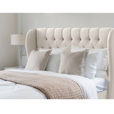 King Beige Linen Tufted Upholstered Wingback Bed