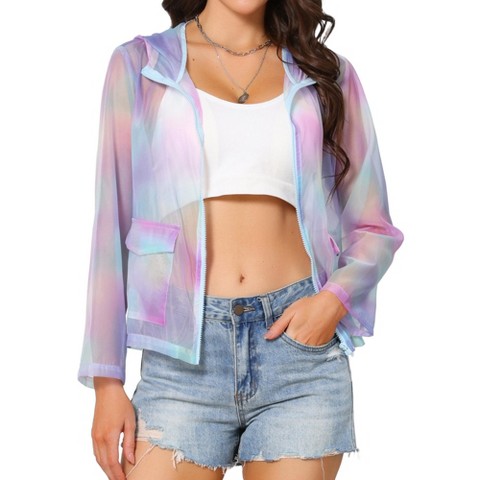 INSPIRE CHIC Women's Mesh Sheer Hooded Long Sleeve Zipper Party Casual Jacket with Pockets Large Purple Green