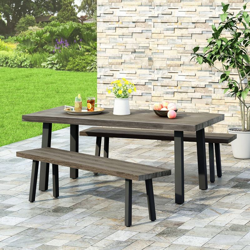Pointe 3pc Outdoor Modern Industrial Aluminum Dining Set with Benches Gray/Matte Black - Christopher Knight Home, 3 of 13