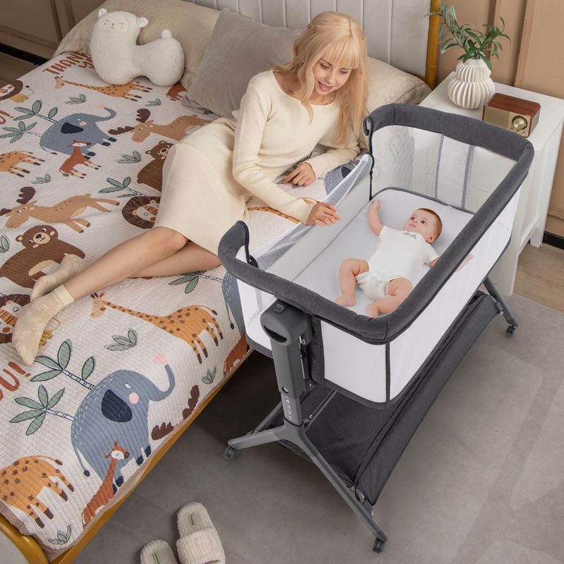 Babyjoy Height Adjustable Bedside Sleeper Easy Folding Baby Crib with Storage Bag Gray/Pink, 2 of 11