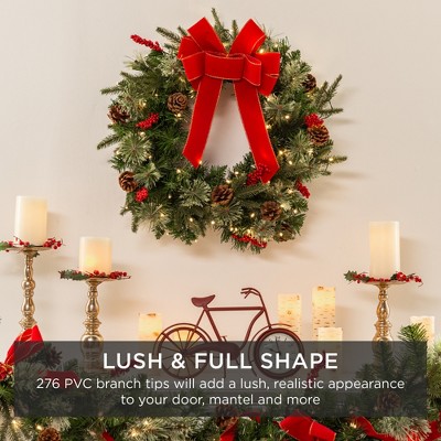 30" Green Pre-Lit Christmas Wreath with Red Ribbon and Pinecones