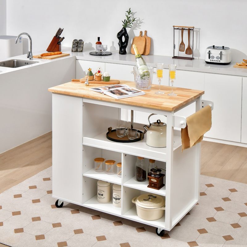 Costway Kitchen Island Trolley Cart on Wheels with Storage Open Shelves & Drawer White/Brown, 2 of 11