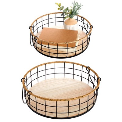 Juvale 2 Pack Round Wooden Wire Basket Trays with Handles, Farmhouse Decor (2 Sizes)