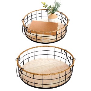 Juvale 2 Pack Round Wooden Wire Basket Trays with Handles, Farmhouse Decor (2 Sizes) - 1 of 4