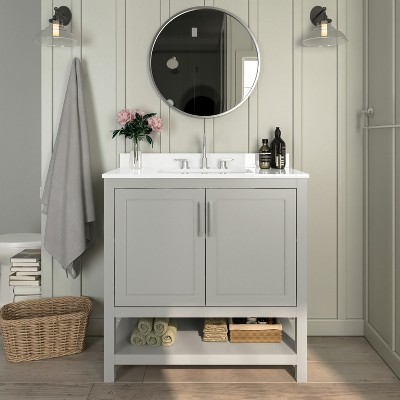 Emma and Oliver Bathroom Vanity, Single Sink Cabinet with 2 Soft Close Doors and Open Shelf, Carrara Marble Finish Countertop