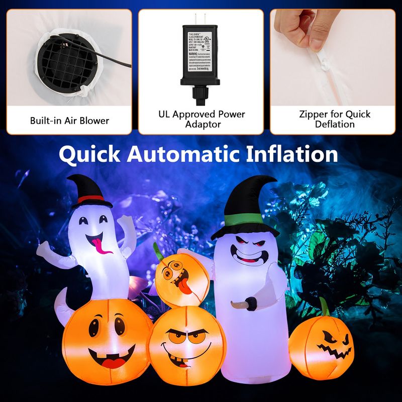 Costway 6 FT Long Halloween Inflatable Decor 4 Pumpkins & Ghosts w/ Built-in LED Lights, 4 of 13
