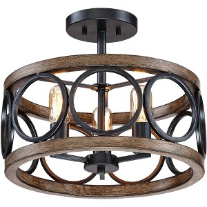 Franklin Iron Works Salima Rustic Farmhouse Ceiling Light Semi Flush Mount 16" Wide Black Faux Wood Grain 3-Light LED for Bedroom Kitchen Living Room - 1 of 4
