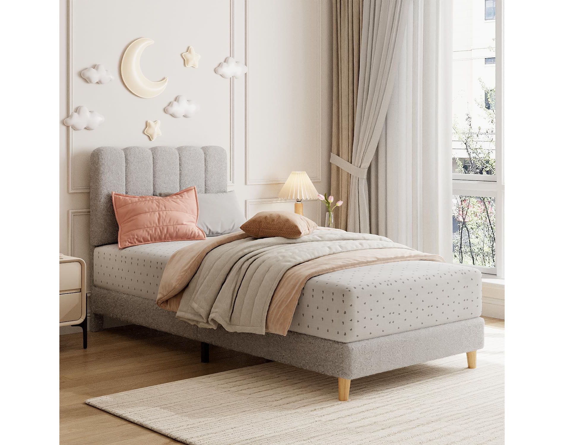 Twin Bed Frame, Boucle Upholstered Platform Bed with Wave Headboard for Girls/Kids, Easy Assembly, Wooden Slats Support, No Box Spring Needed, Grey