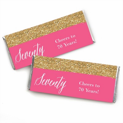 Big Dot of Happiness Chic 70th Birthday - Pink and Gold - Birthday Party Favors Candy Bar Wrappers - Set of 24