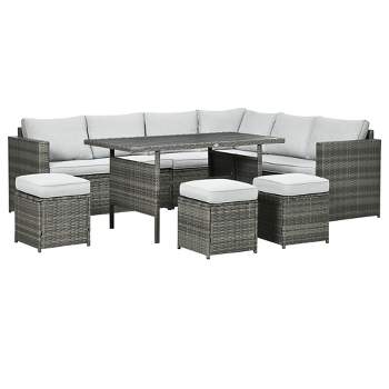 Outsunny 7 Piece Patio Furniture Set, Outdoor L-Shaped Sectional Sofa with 3 Loveseats, 3 Ottoman Chairs, Dining Table, Cushions, Storage, Mixed Gray