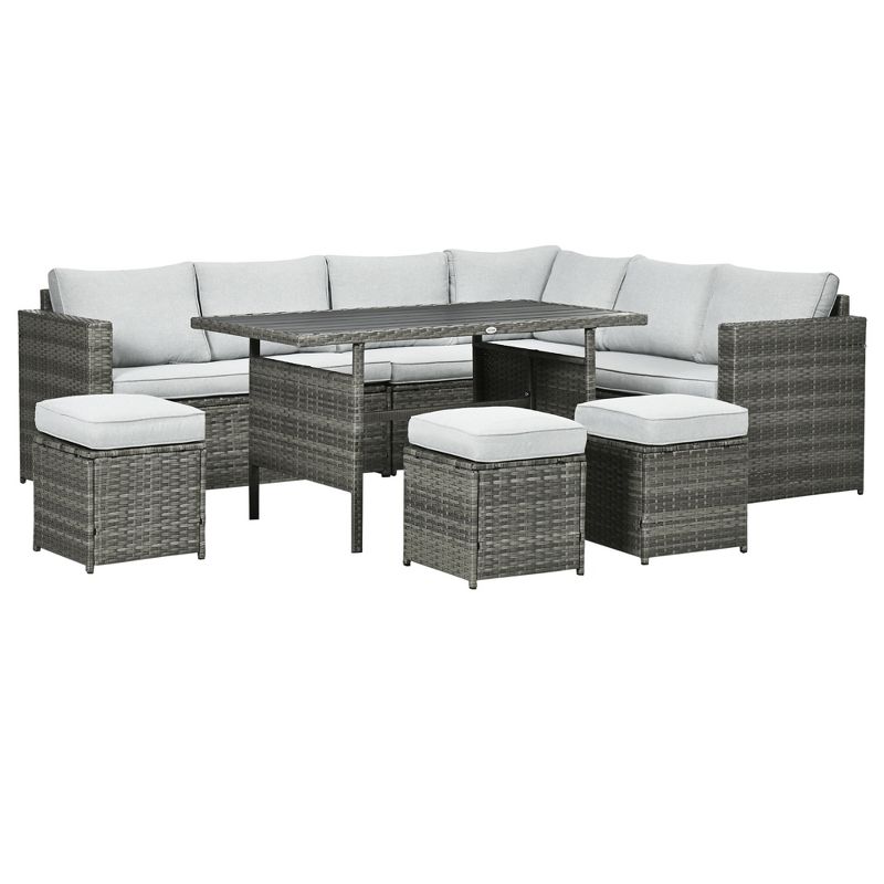 Outsunny 7 Piece Patio Furniture Set, Outdoor L-Shaped Sectional Sofa with 3 Loveseats, 3 Ottoman Chairs, Dining Table, Cushions, Storage, Mixed Gray, 1 of 7