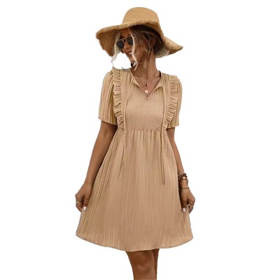 Women Short Sleeve Ruffle Mini Dress Smocked High Waist Pleated Dress V Neck Textured Dress Front Tie Detail Dress Summer Casual Dress