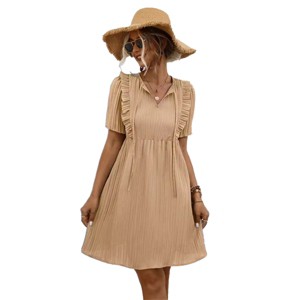 Women Short Sleeve Ruffle Mini Dress Smocked High Waist Pleated Dress V Neck Textured Dress Front Tie Detail Dress Summer Casual Dress - 1 of 4