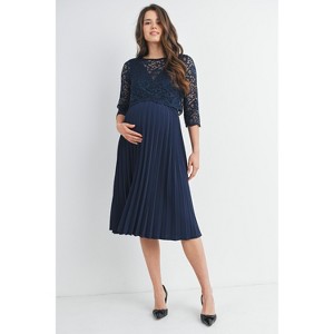 Hello Miz Women's 3/4 Sleeve Lace Bodice Pleated Maternity Dress - 1 of 4