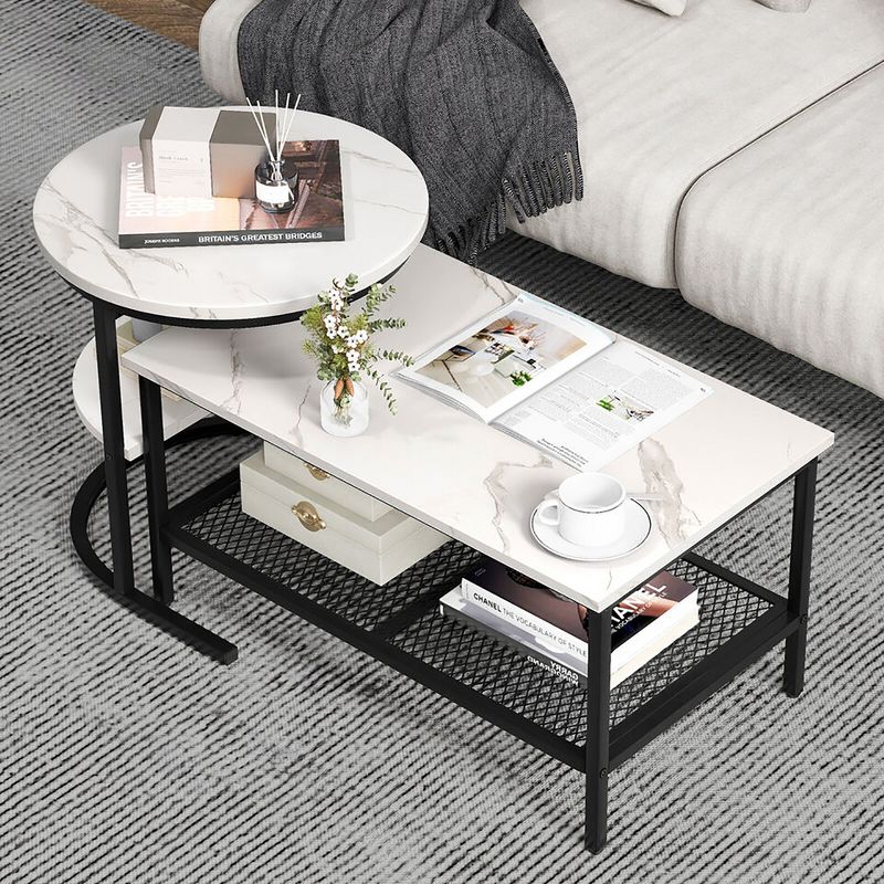 Tangkula Nesting Coffee Table Set of 2 Faux Marble Top Detachable w/ Storage Shelf, 3 of 11