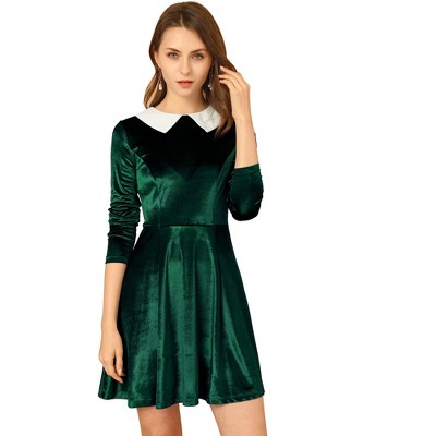 INSPIRE CHIC Women's Vintage Velvet Long Sleeve A Line Contrast Doll Peter Pan Collar Dress