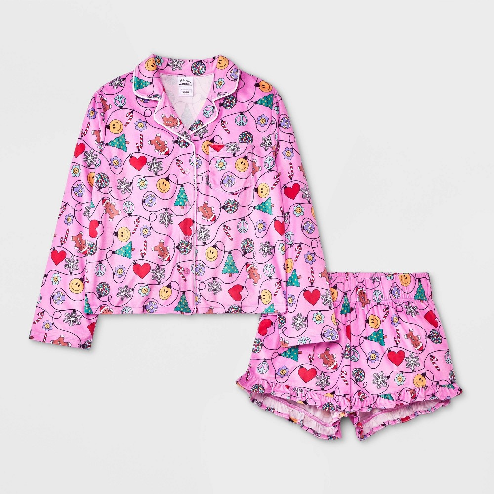 Girls' 2pc 'Smiley Christmas' Long Sleeve Coat Pajama Set - art class™ Light Pink XXL (16/18)