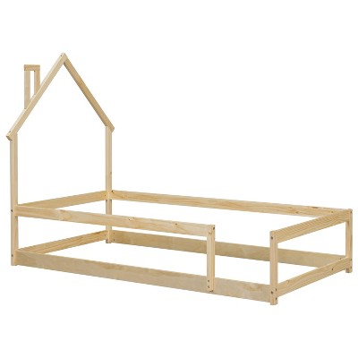 Fontoi Beds, Twin Size Bed with Headboard, Wood Bed with Guardrails for Girls and Boys, Brown, 44.8"*57.3"*78.2"