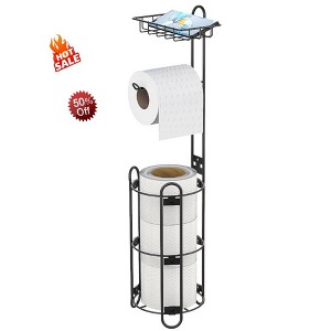 Freestanding Black Stainless Steel Toilet Paper Holder Stand with Storage Shelf for Bathroom - 1 of 4