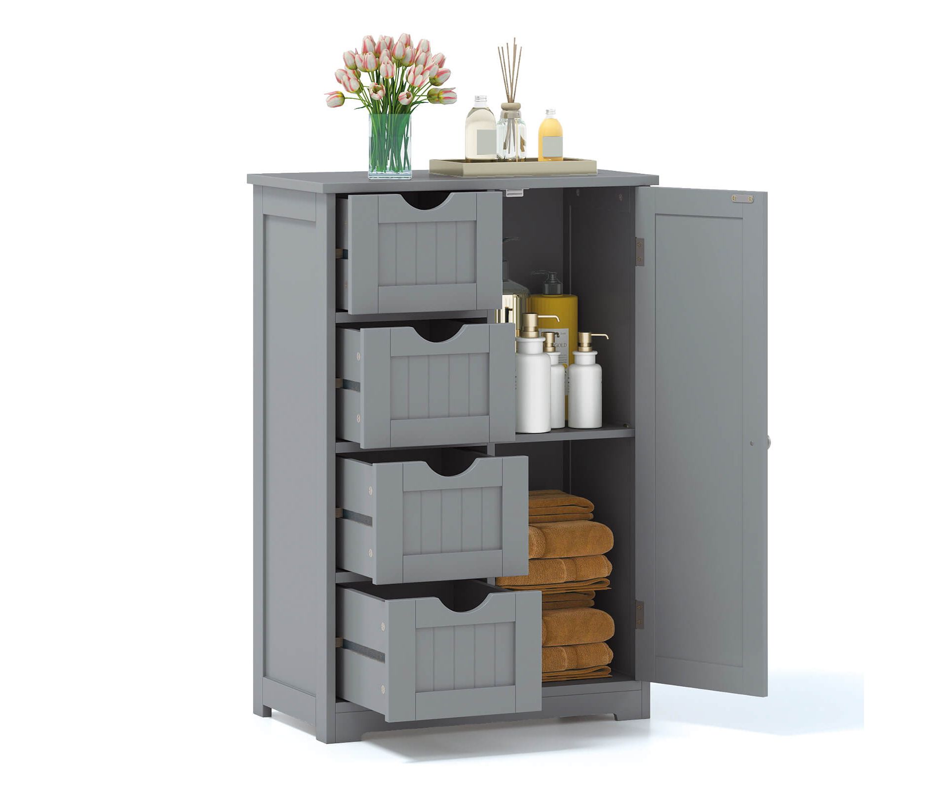 Costway Bathroom Storage Wooden 4 Drawer Cabinet Cupboard 2 Shelves Free Standing Grey