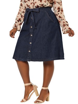Agnes Orinda Women's Plus Size Denim Tie High Waist Front Button Down A-Line Midi Jeans Skirts