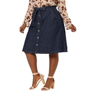 Agnes Orinda Women's Plus Size Denim Tie High Waist Front Button Down A-Line Midi Jeans Skirts - 1 of 4