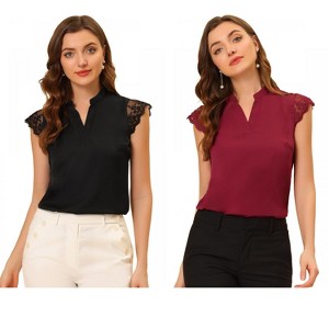 INSPIRE CHIC Women's Work Office V Neck Stand Collar Lace Cap Sleeve Basic Blouse 2 Pieces - 1 of 4