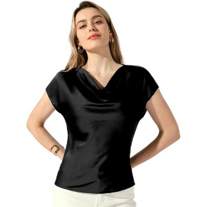 Allegra K Women's Cowl Neck Short Sleeve Dressy Casual Satin Top - 1 of 4